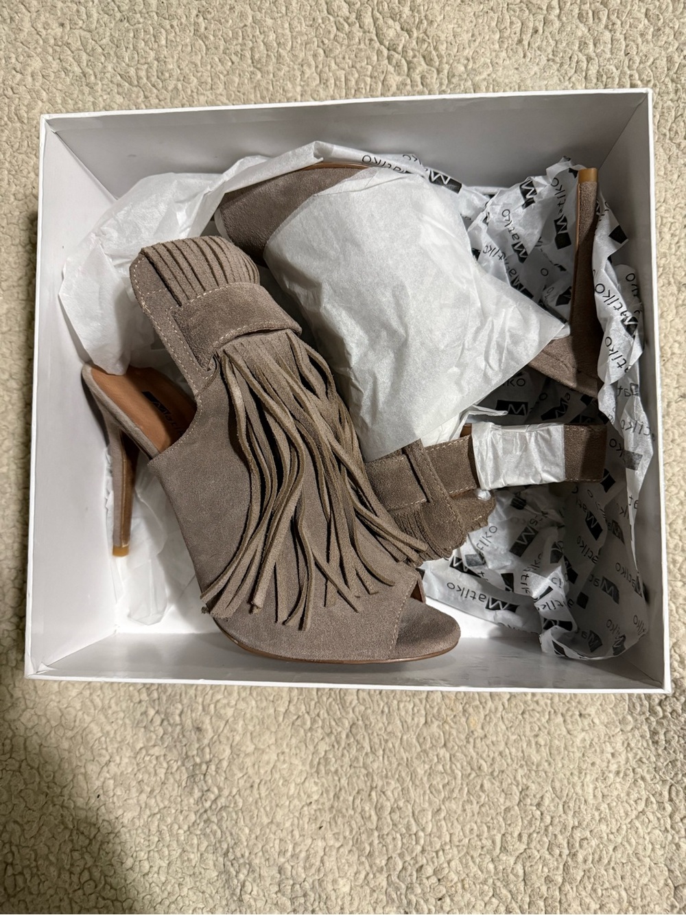 Matiko Lainey Taupe Suede Fringe Open-Toe Stiletto Heels